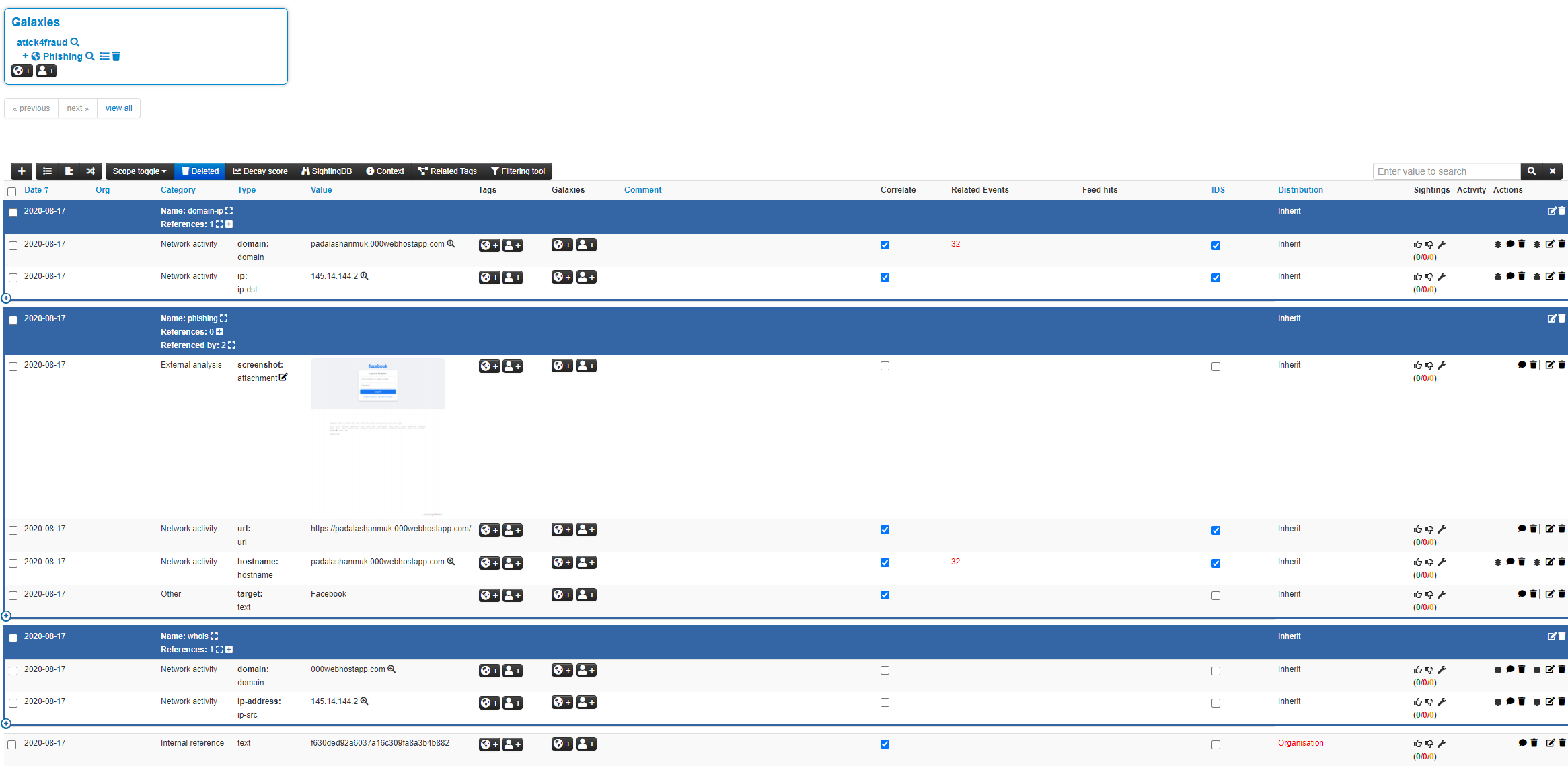 MISP event created by Phish2MISP showing phishing attributes and screenshot